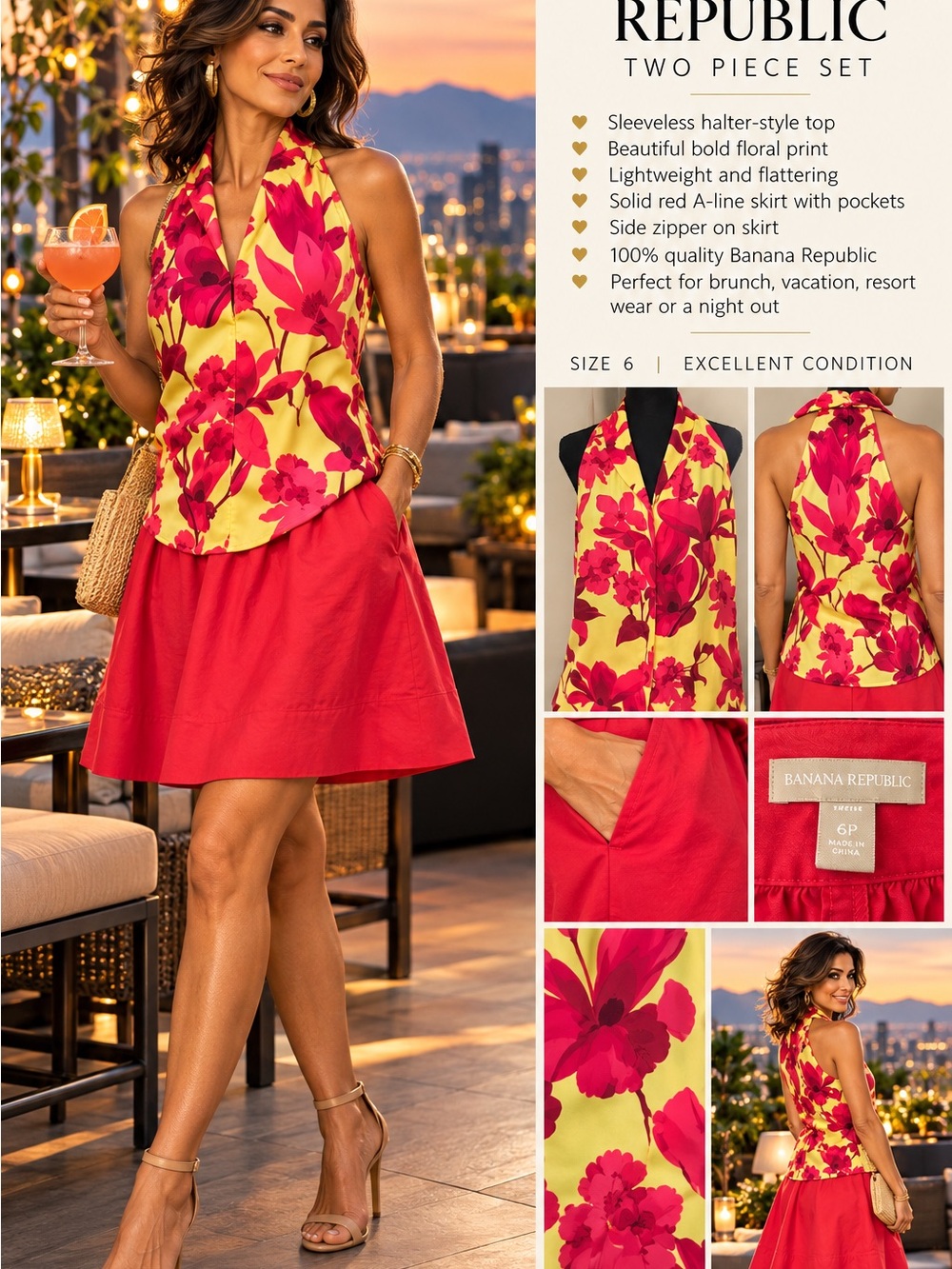 Banana Republic Yellow Floral Halter Top with Red A-Line Skirt